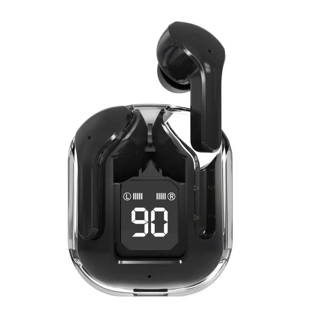 Jerry chip true wireless Bluetooth headphones in a transparent space capsule case, colour options shown