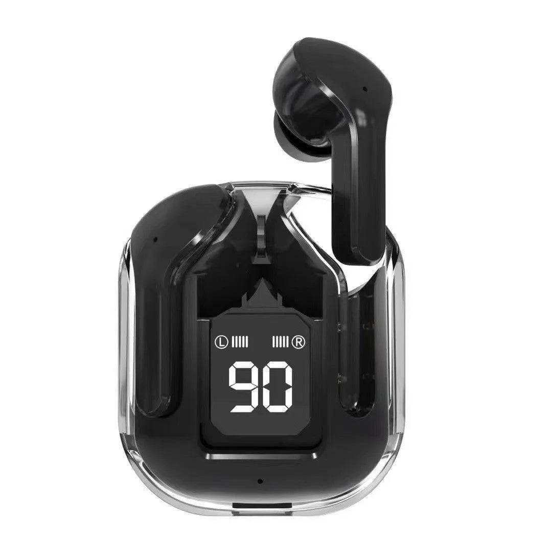 Jerry chip true wireless Bluetooth headphones in a transparent space capsule case, colour options shown