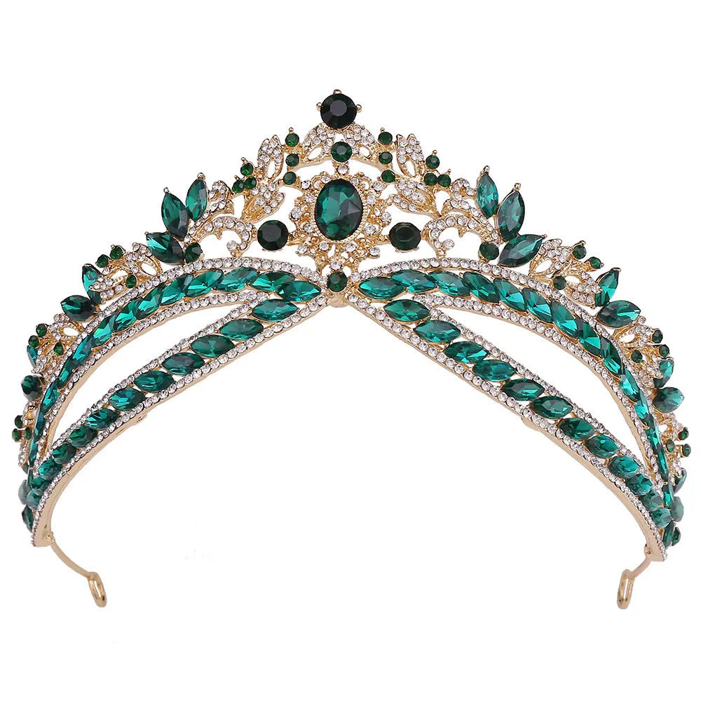 Wedding crown headdress with rhinestone and crystal in silver white finish on display