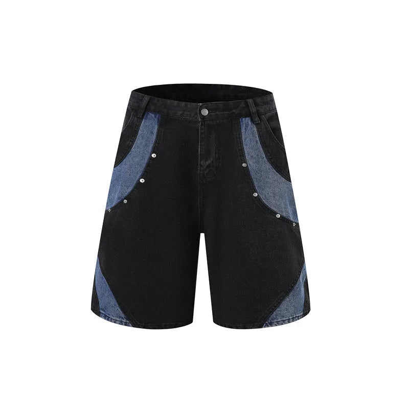 Retro washed denim short-sleeved jacket and trousers suit in blue or black