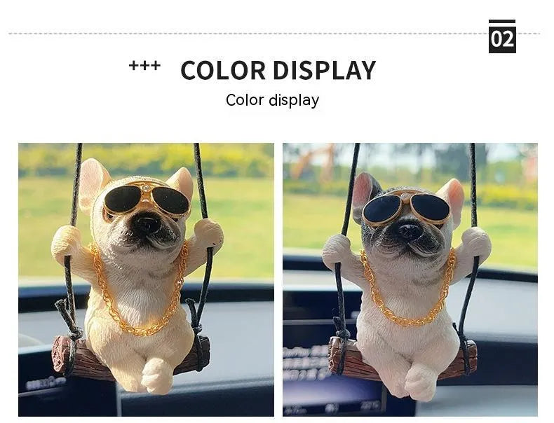 Resin cartoon bulldog car hanging ornament for rearview mirror in black, white, or yellow.