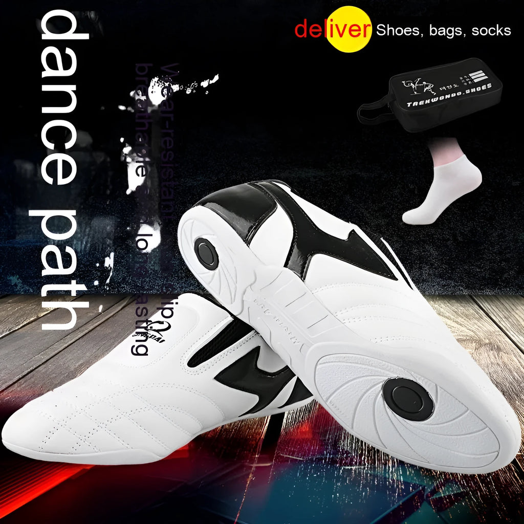 Black and white children's martial arts training shoes with a soft sole and widened design.