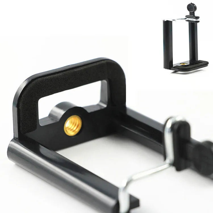 Black plastic U-clip mobile phone holder with a 1/4-inch mounting screw