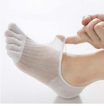 Modal five-finger boat socks in black, shown on a foot with invisible no-show style.