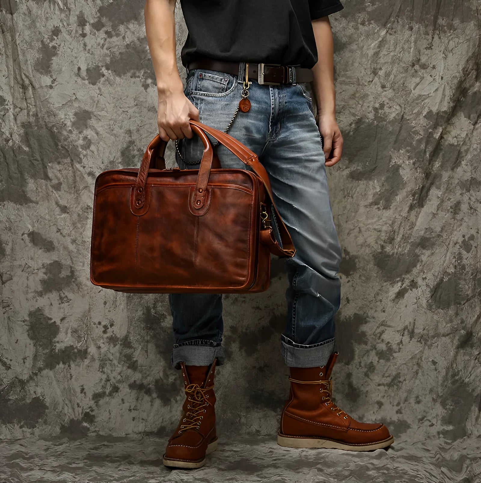 Brown vintage leather men's briefcase showing internal laptop and document pockets