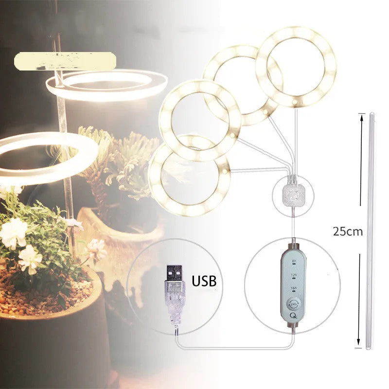 USB LED full spectrum plant grow light with acrylic stick on a table.