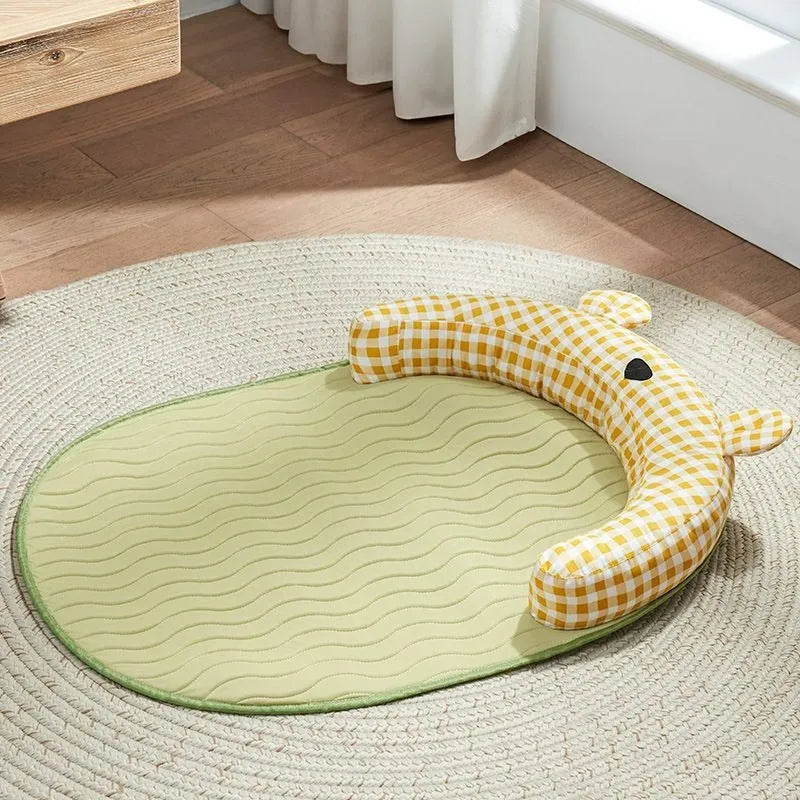 Green and yellow four-season dog and cat bed mattress ice pad shown in four different sizes.