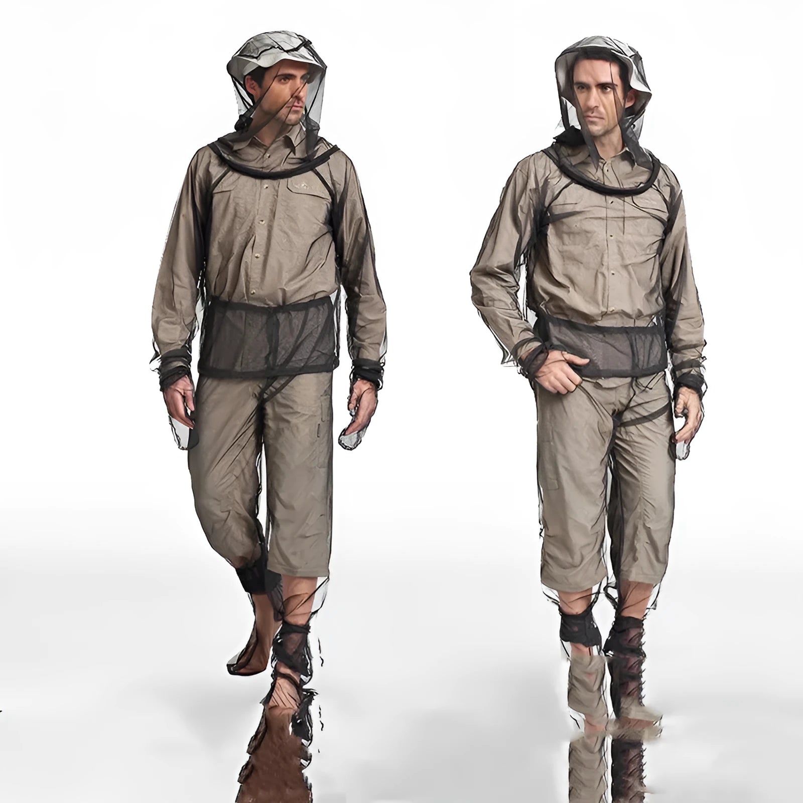 Adult wearing a light grey mesh anti-mosquito suit with hood, full-length pants, and booties for outdoor protection.