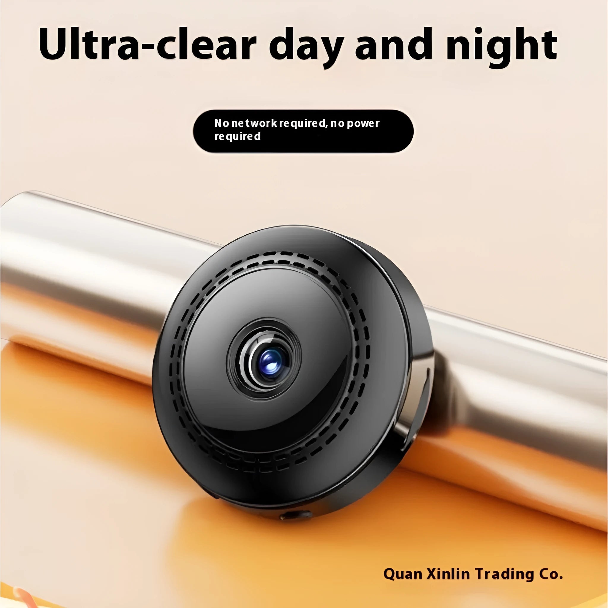 Wireless black security camera with 360-degree rotation on stand showing night vision capability