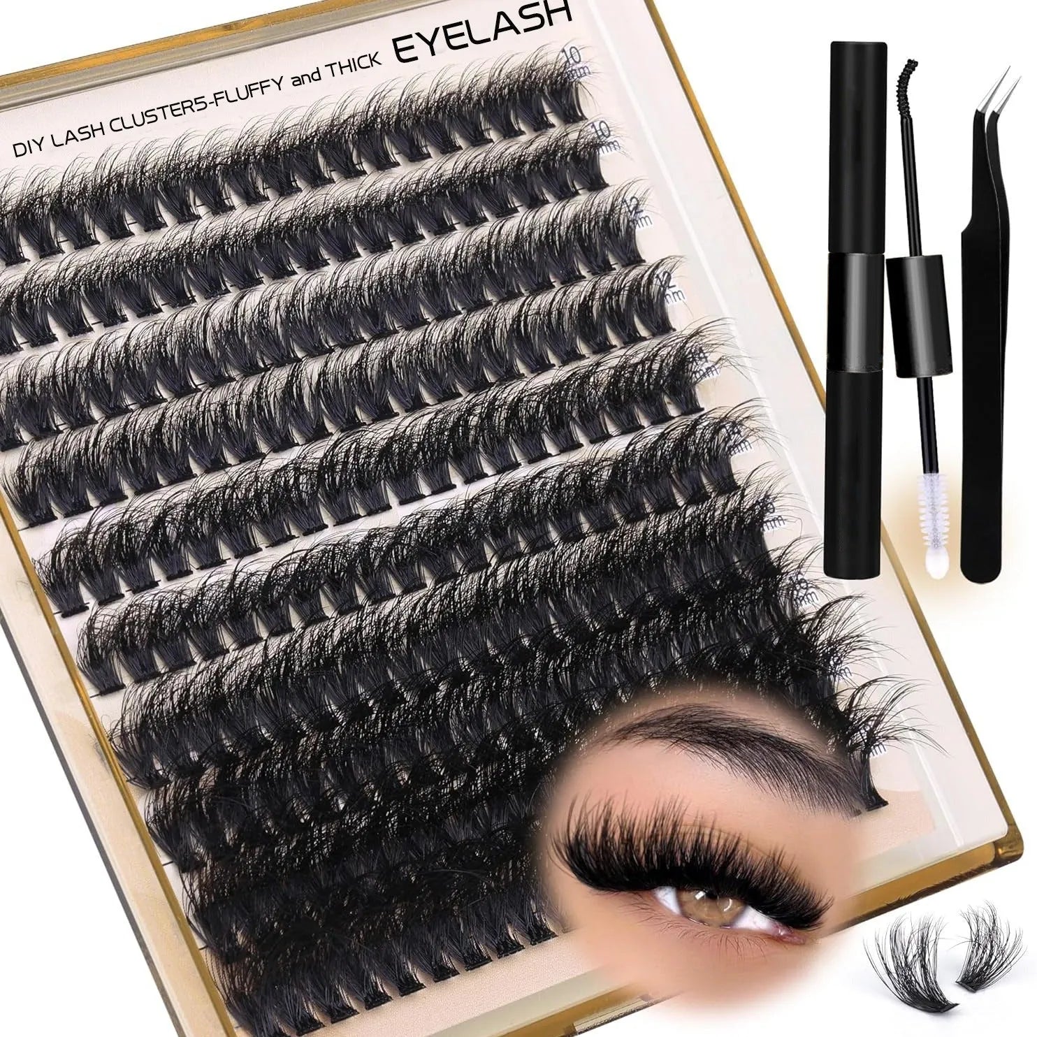 Fluffy faux mink segmented eyelashes 200D high-grade fibre on white background