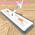 Large flat mop with stainless steel handle and blue cleaning cloths showing 360-degree rotating head