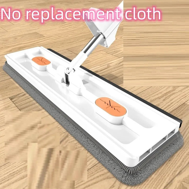 Large flat mop with stainless steel handle and blue cleaning cloths showing 360-degree rotating head
