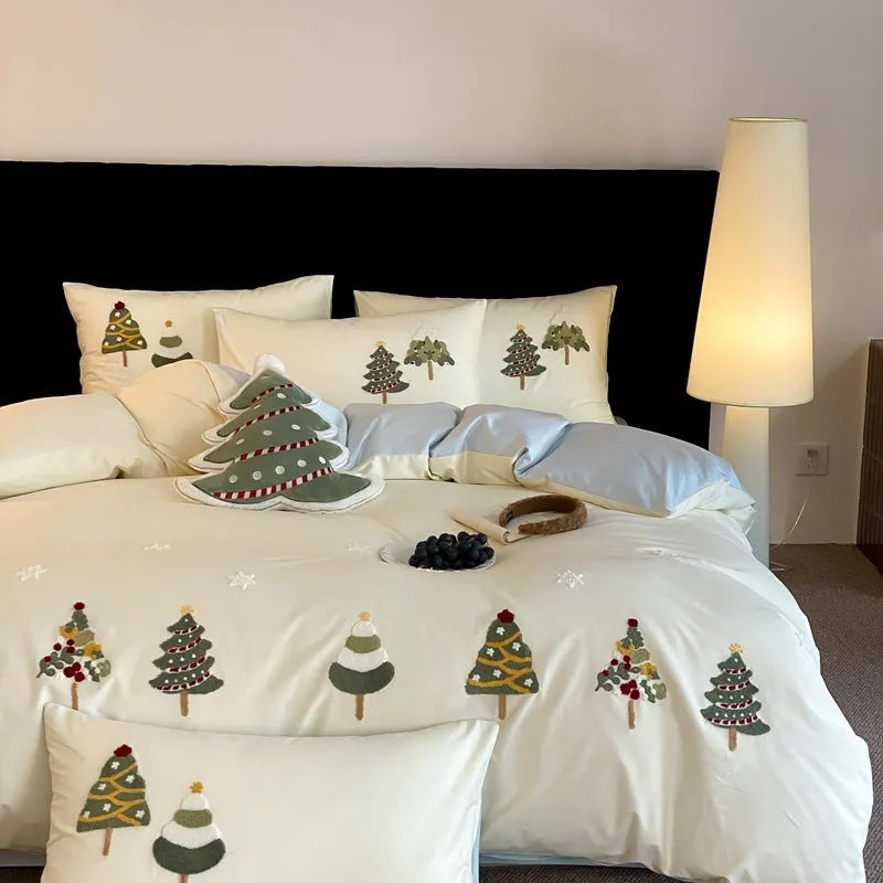Cream Blue long-staple cotton bedding set with embroidered Christmas tree and floral pattern