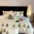 Cream Blue long-staple cotton bedding set with embroidered Christmas tree and floral pattern