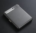Classic flip charging metal cigarette case lighter with built-in windproof lighter, available in black, gold, and gray.