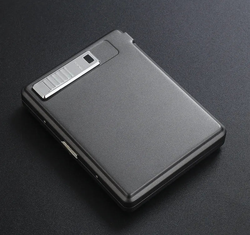 Classic flip charging metal cigarette case lighter with built-in windproof lighter, available in black, gold, and gray.
