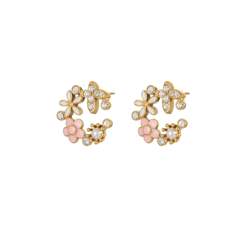 Colourful diamond flower stud earrings with stainless steel construction and gold electroplated finish