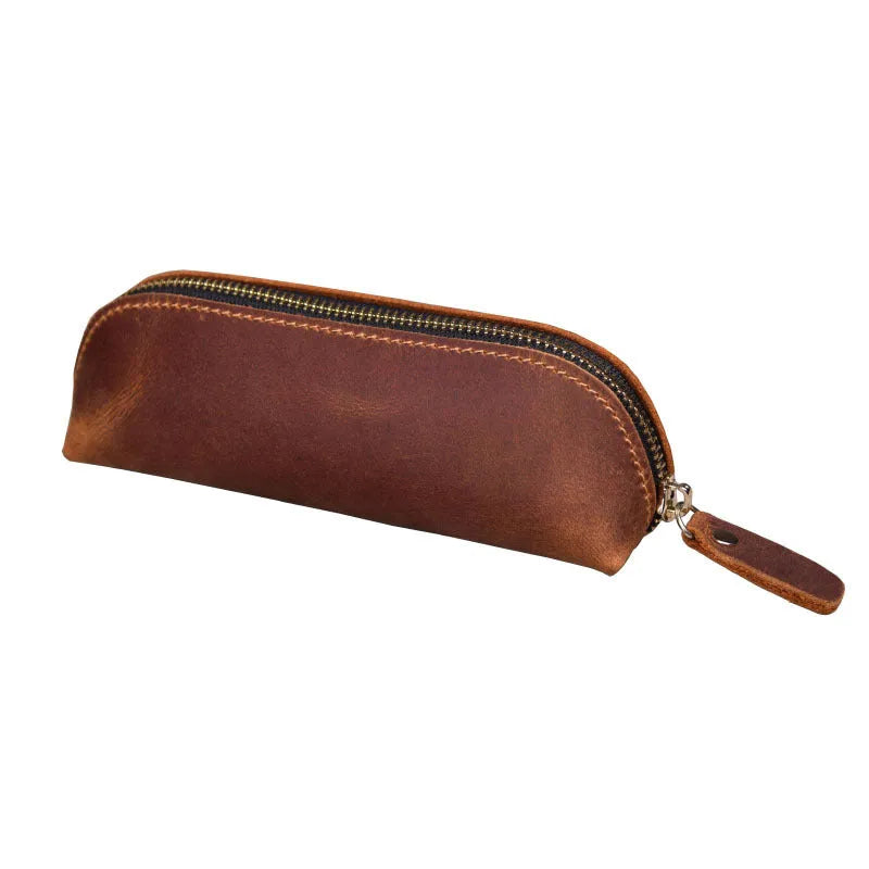 Handmade cowhide leather pencil case with zipper in square 18cm design