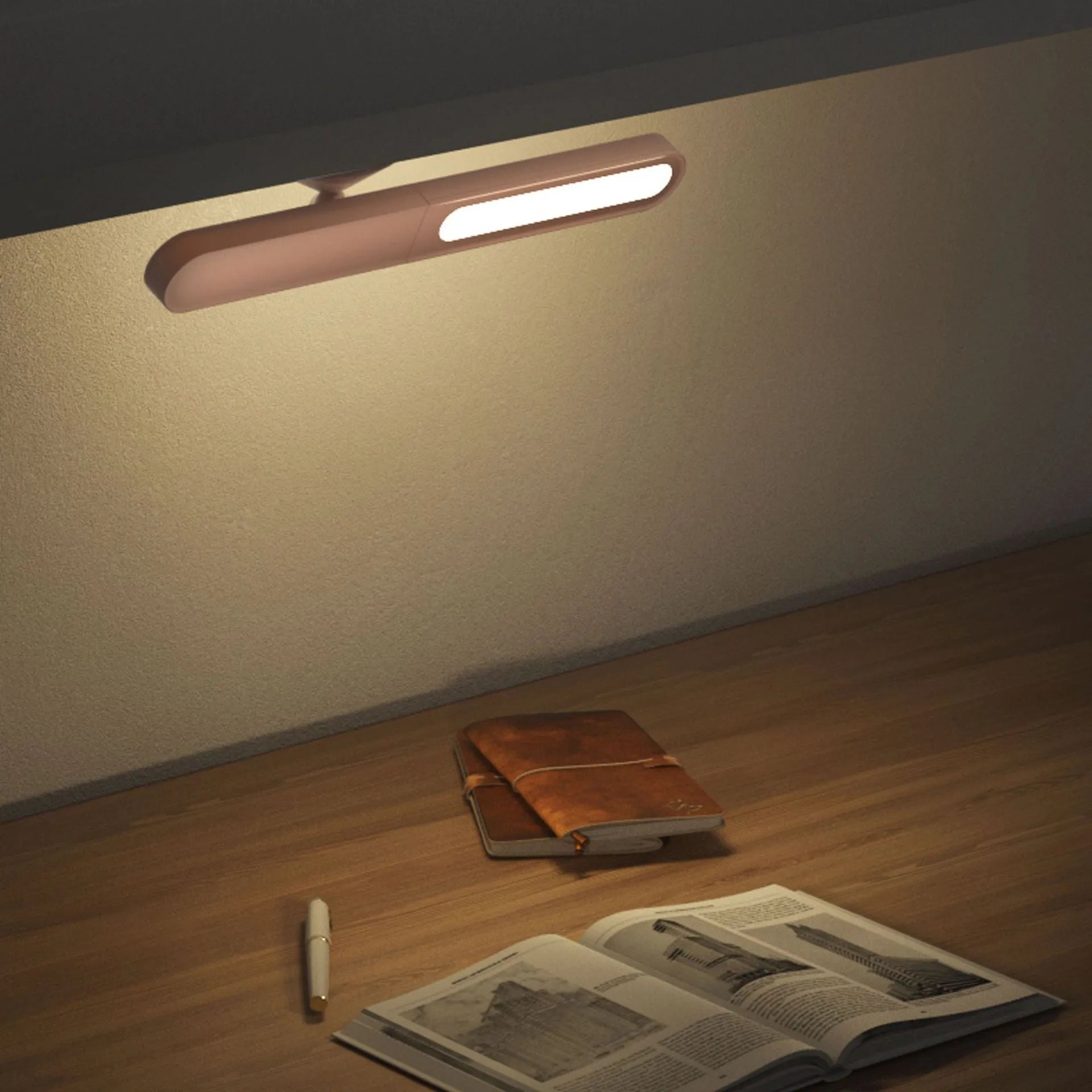White geometric table lamp with touch switch and USB cable on a wooden desk.