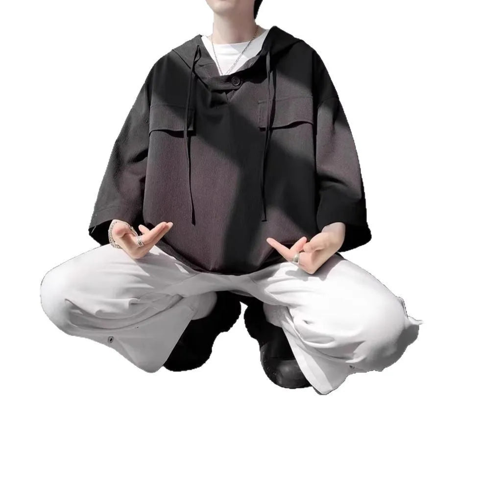 Men's hooded short sleeve T-shirt in polyester fabric for summer wear