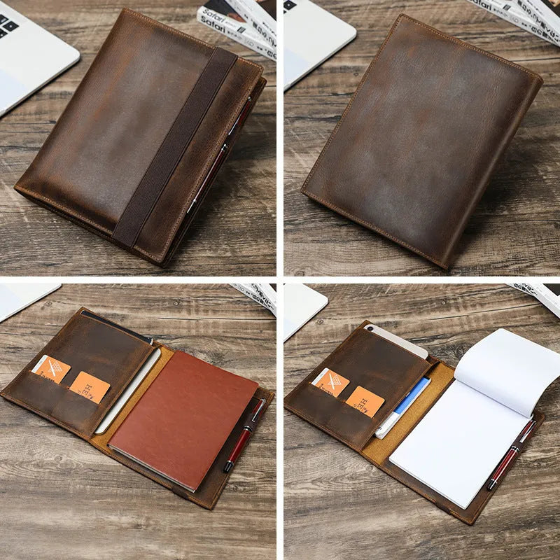 Brown Crazy Horse leather A5 notebook protective sleeve with square design and socket-type closure