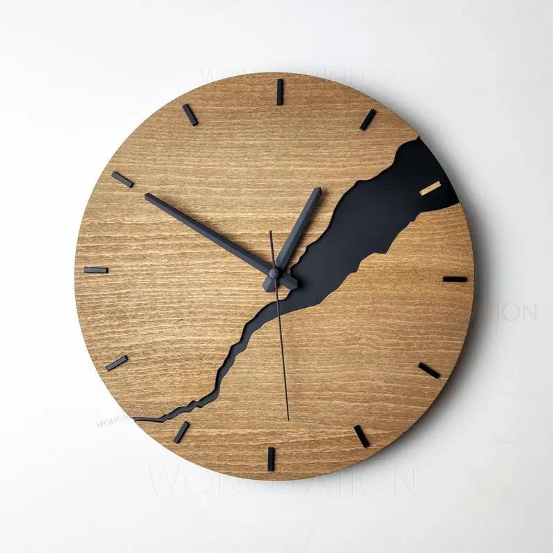 Modern wooden wall clock with crack effect finish, 20cm diameter, showing style option