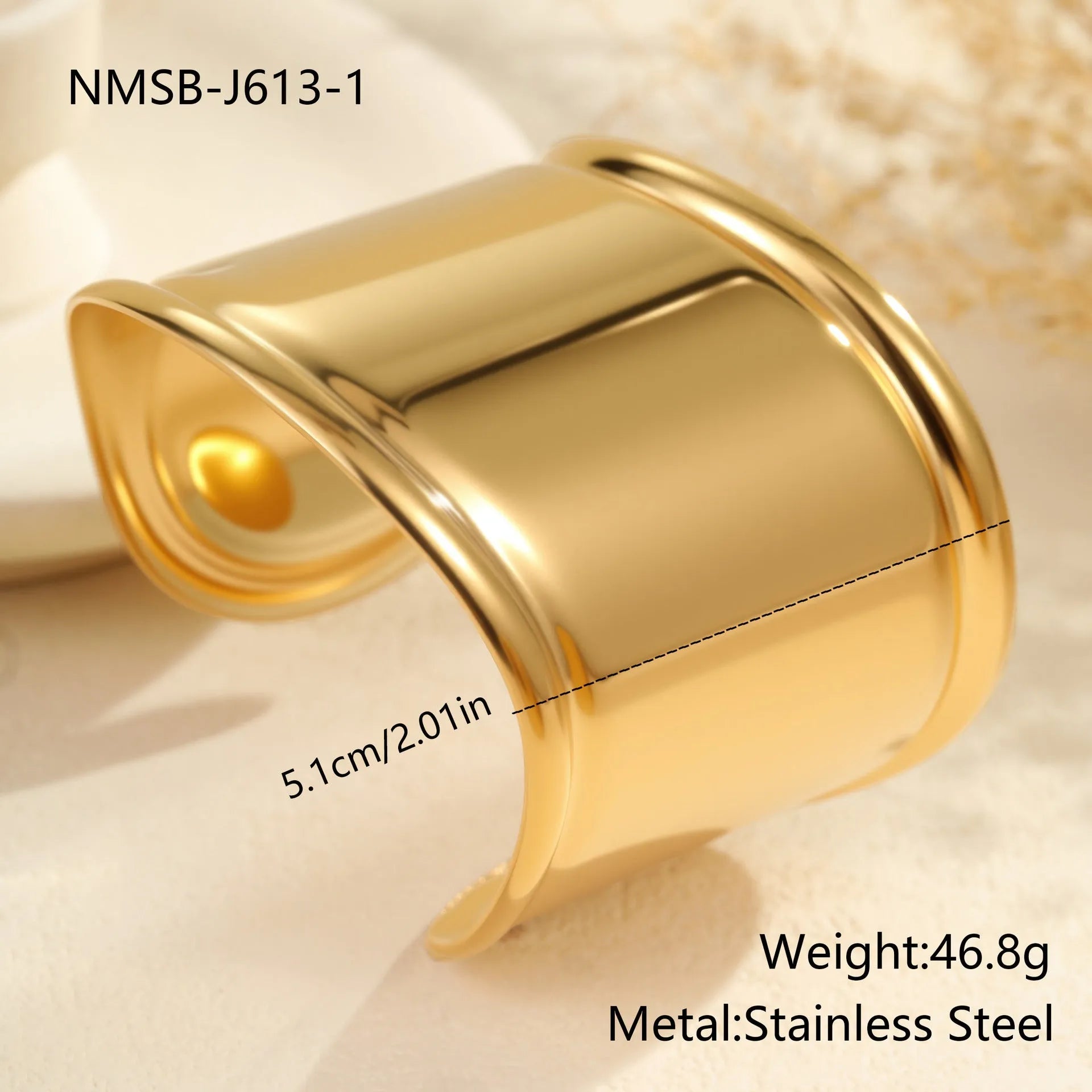 Women's wide stainless steel bracelet with 18K gold plating, geometric wave design, and niche opening closure.