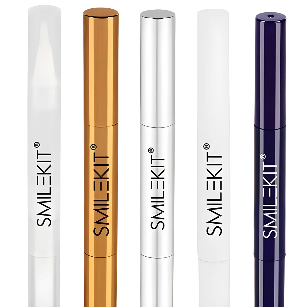 Gold aluminium teeth whitening pen with plastic brush applicator tip and 2ml gel capacity