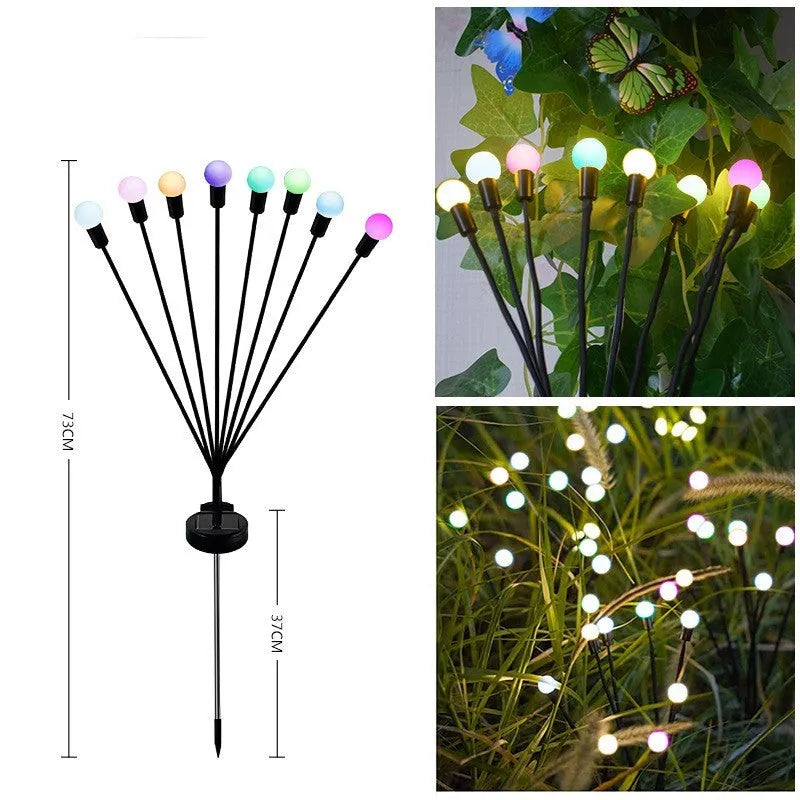 Solar-powered LED garden ground light with multiple light heads and a stainless steel spike for installation.