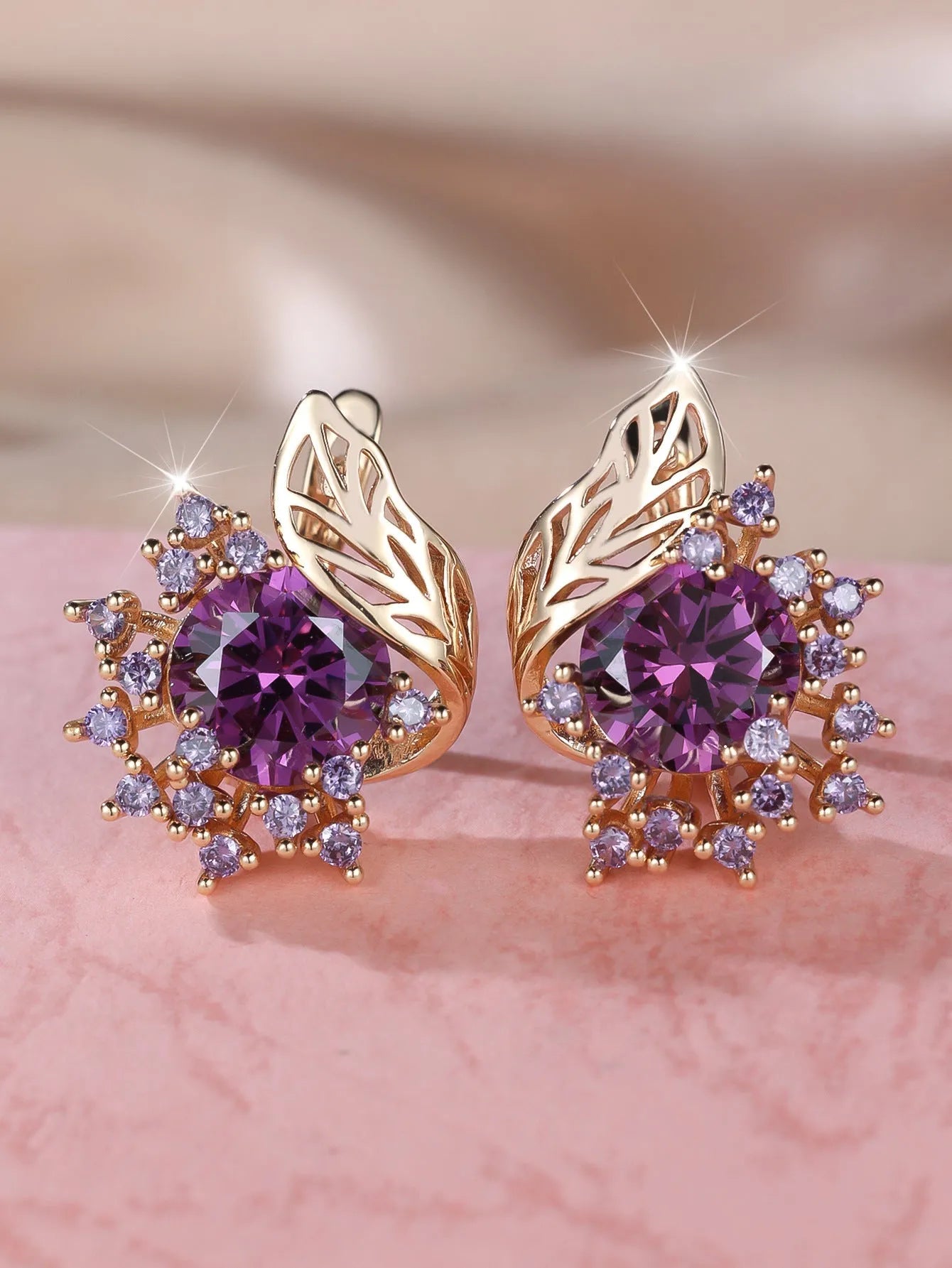 Round flowers feather design rose gold zircon earrings with coloured stone centre options