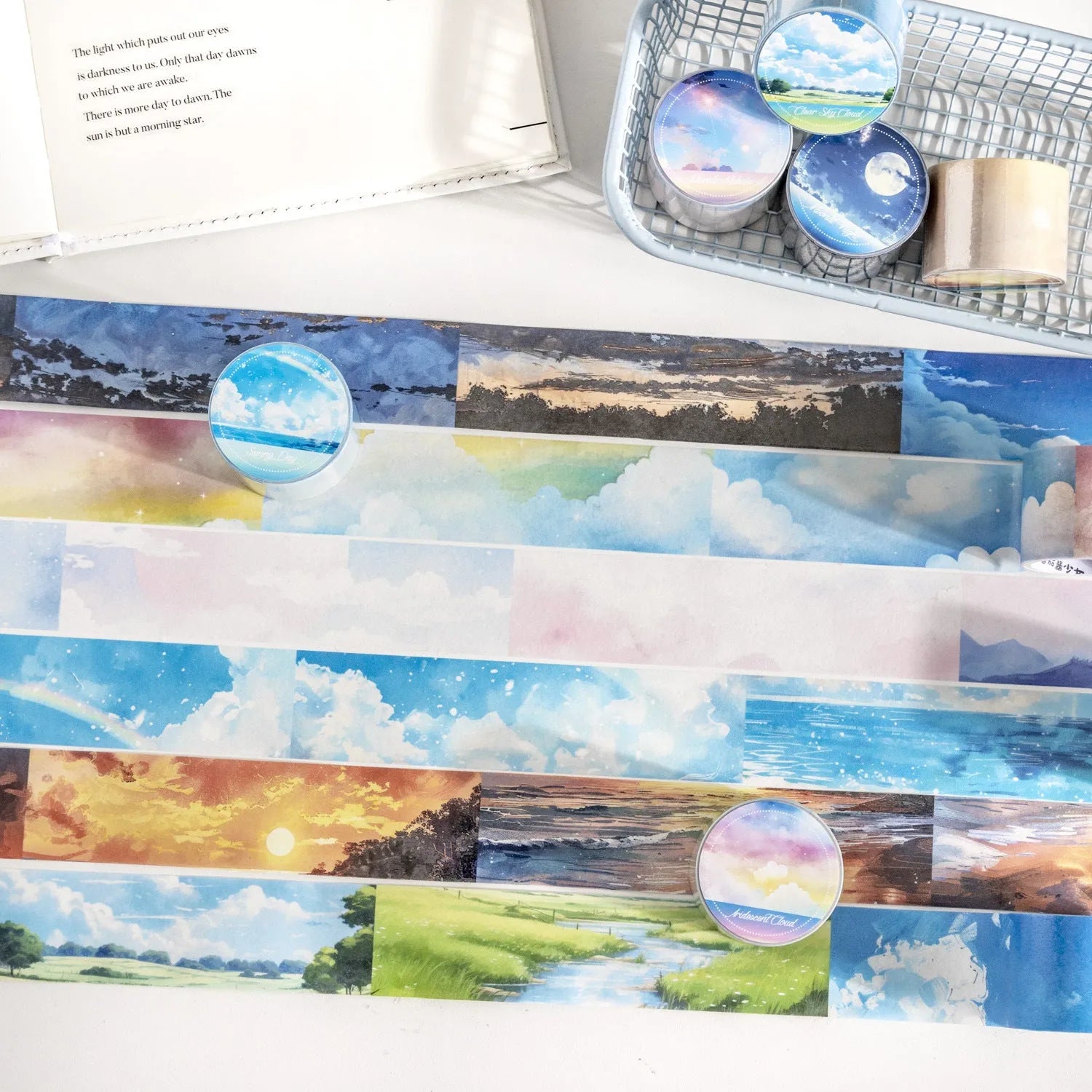 Japanese paper washi tape roll with sky theme designs including colourful clouds and twilight patterns