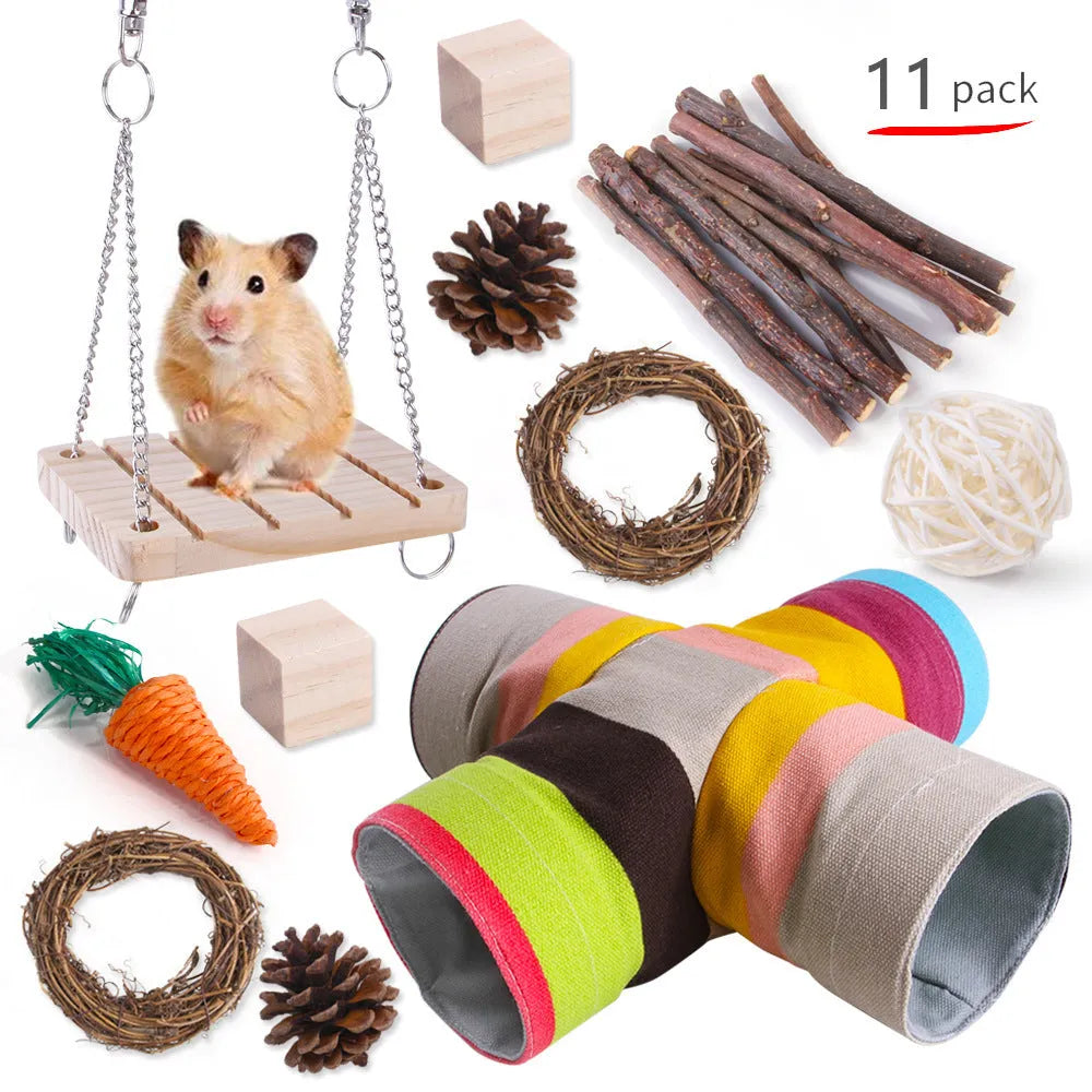 Assorted wooden chew toys for small pets including balls and mats on a natural background