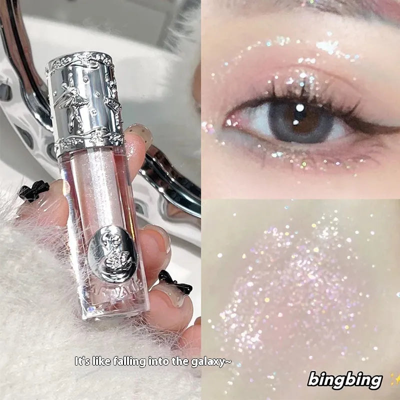 Ballet liquid eye shadow showing five colour options including pink glitter, brown shimmer, purple metallic, nude matte and silver glitter finishes