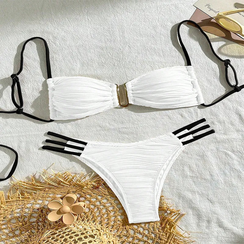 Women's polyester three-point bikini set in khaki with striped pattern, front view