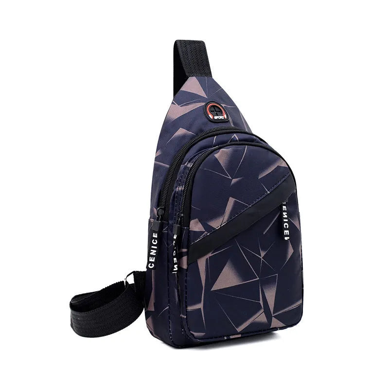 Men's print sling chest bag with earphone hole, Oxford cloth construction, showing front view with zipper opening