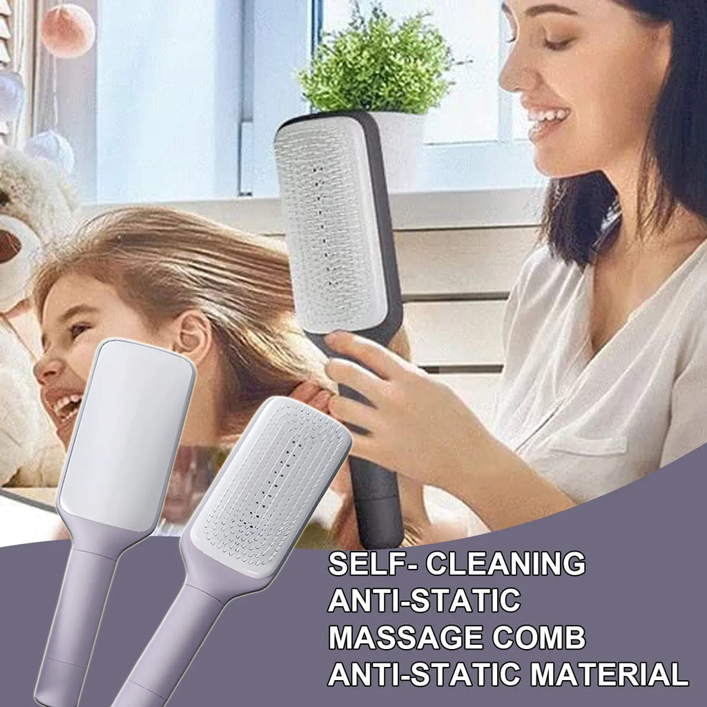 Purple self-cleaning hairbrush with rotating handle and anti-static massage comb teeth