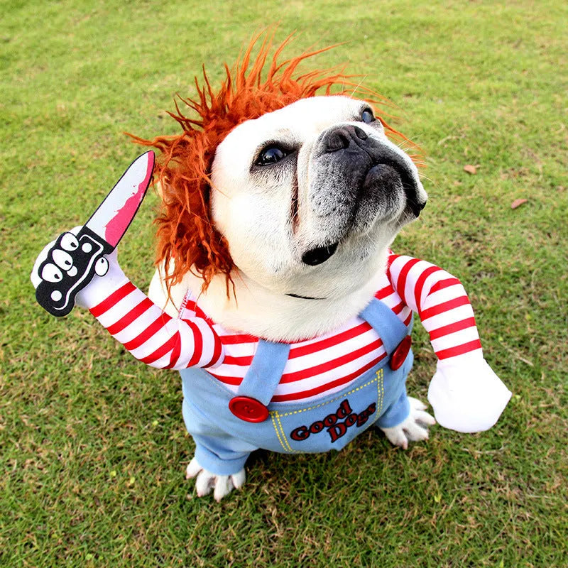 Brown dog wearing a polyester dagger costume with knife design, standing pose, autumn setting
