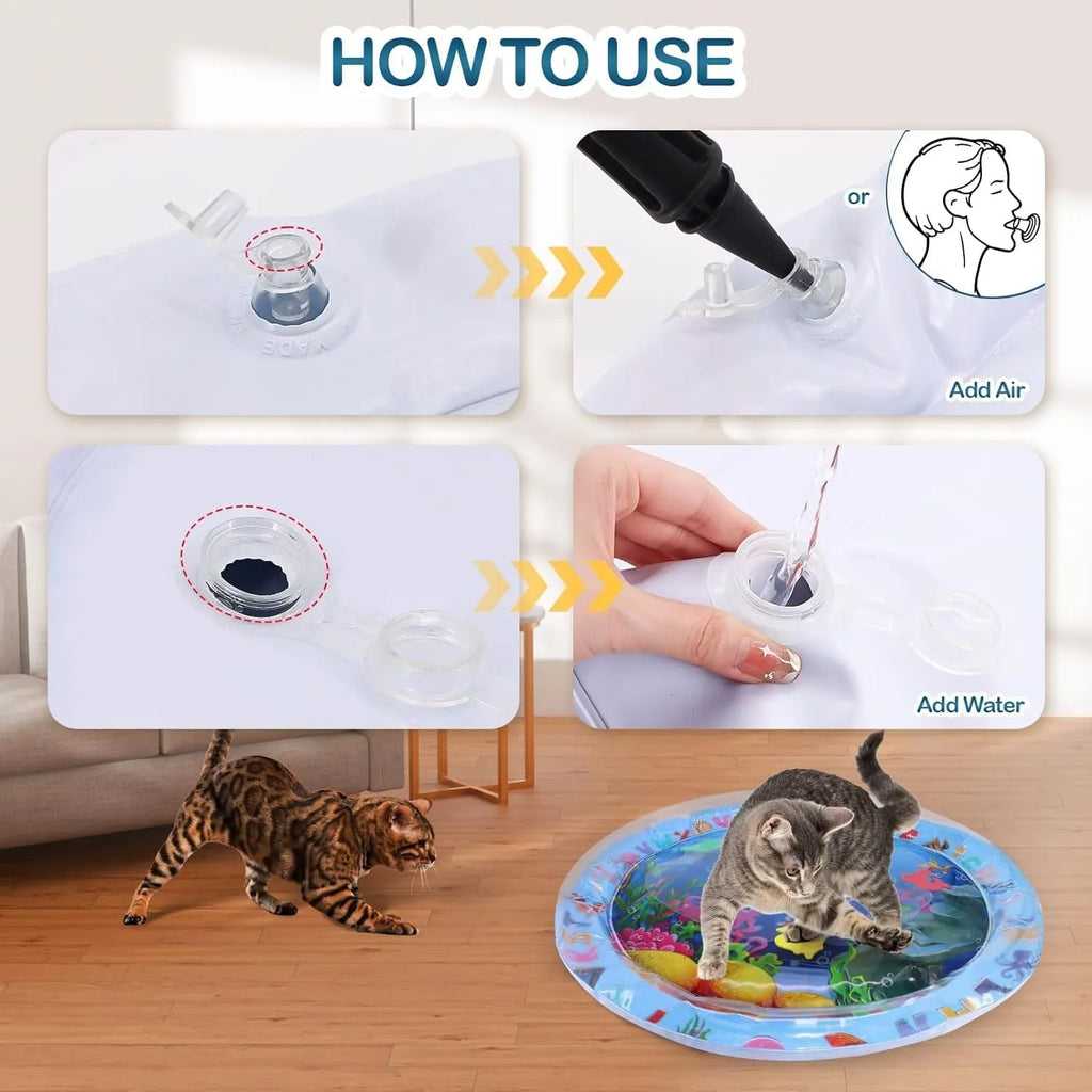 Square blue water sensory playmat for cats and dogs with floating fish toys inside, on a home floor.