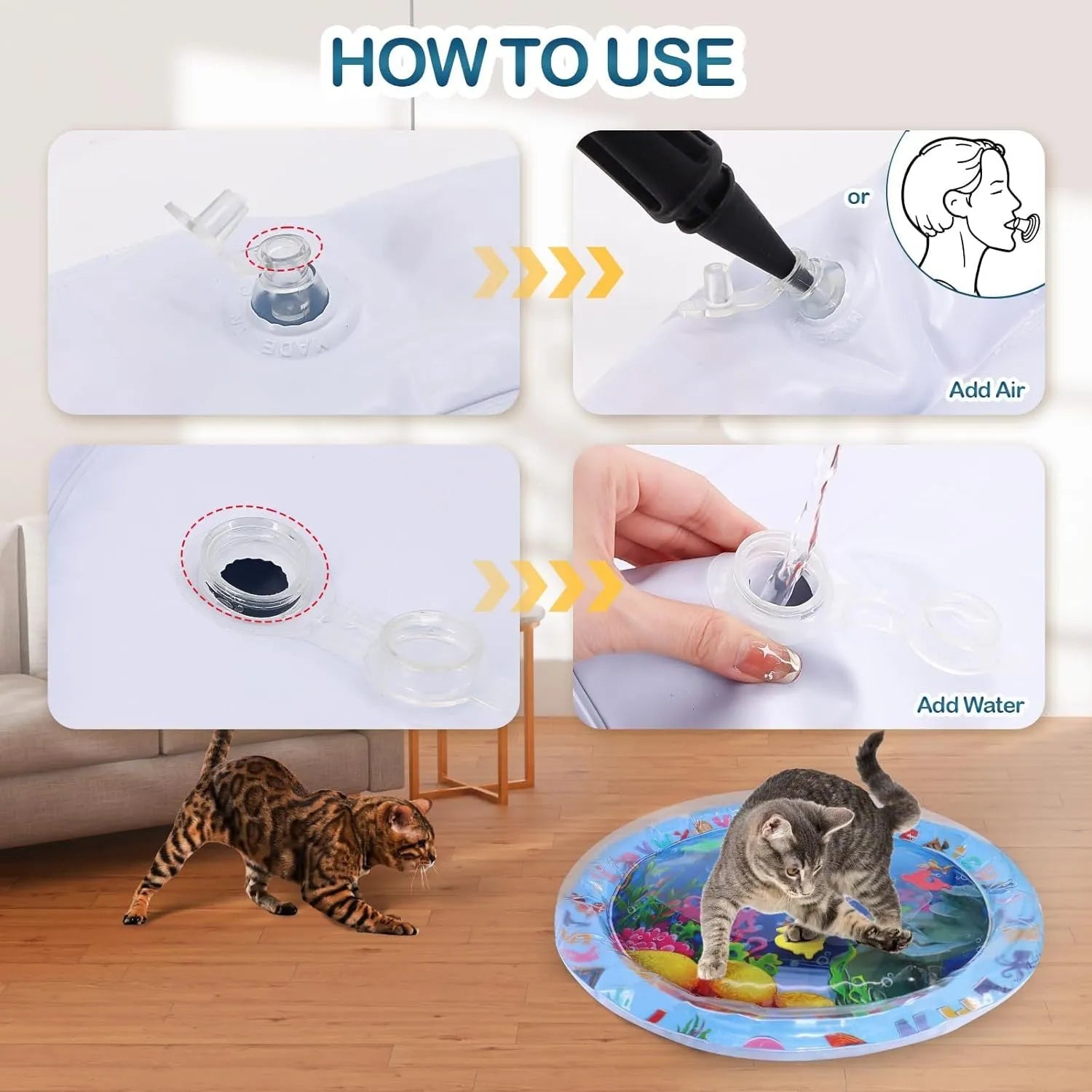 Square blue water sensory playmat for cats and dogs with floating fish toys inside, on a home floor.