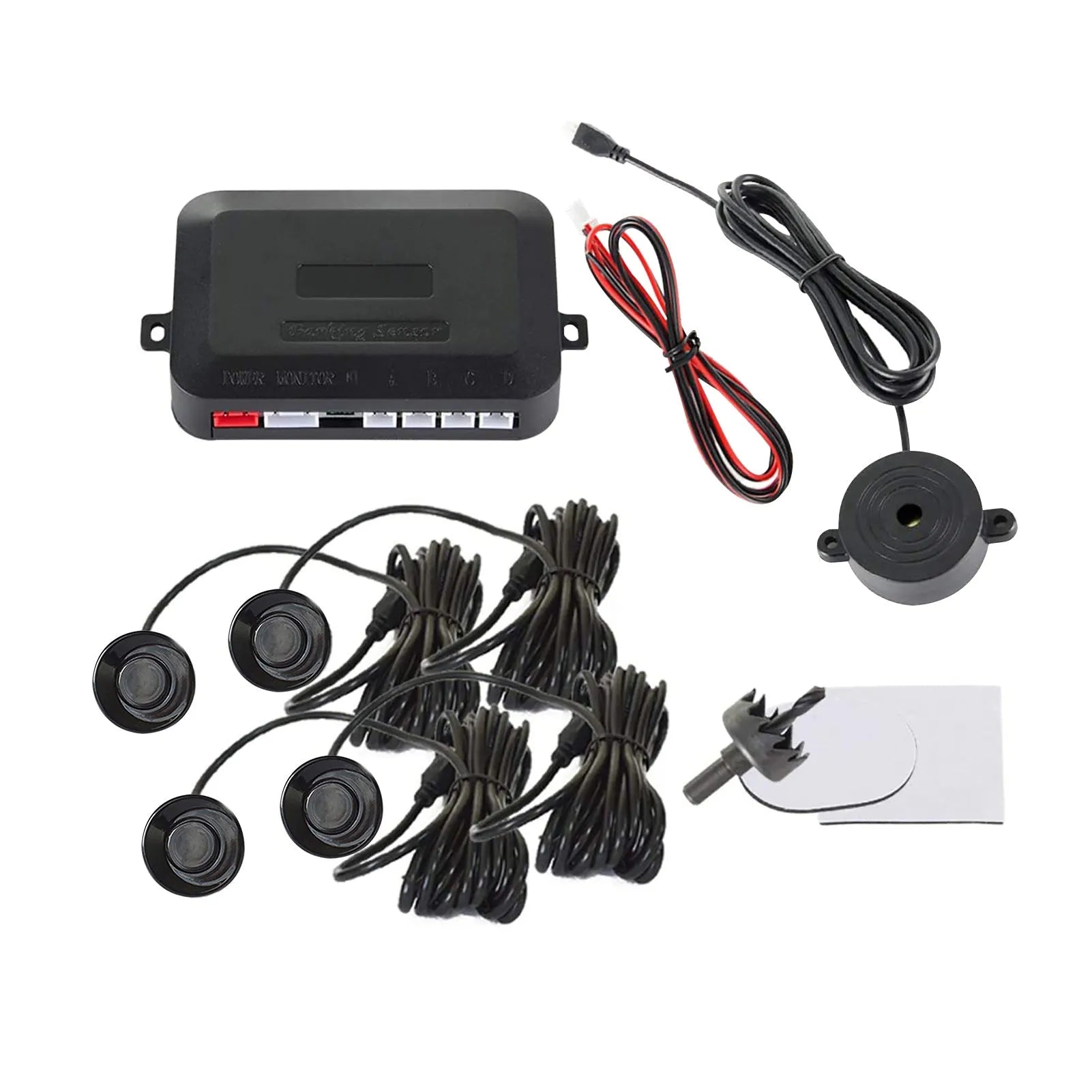 Car parking sensor reversing radar system with four ultrasonic sensors and buzzer alert module