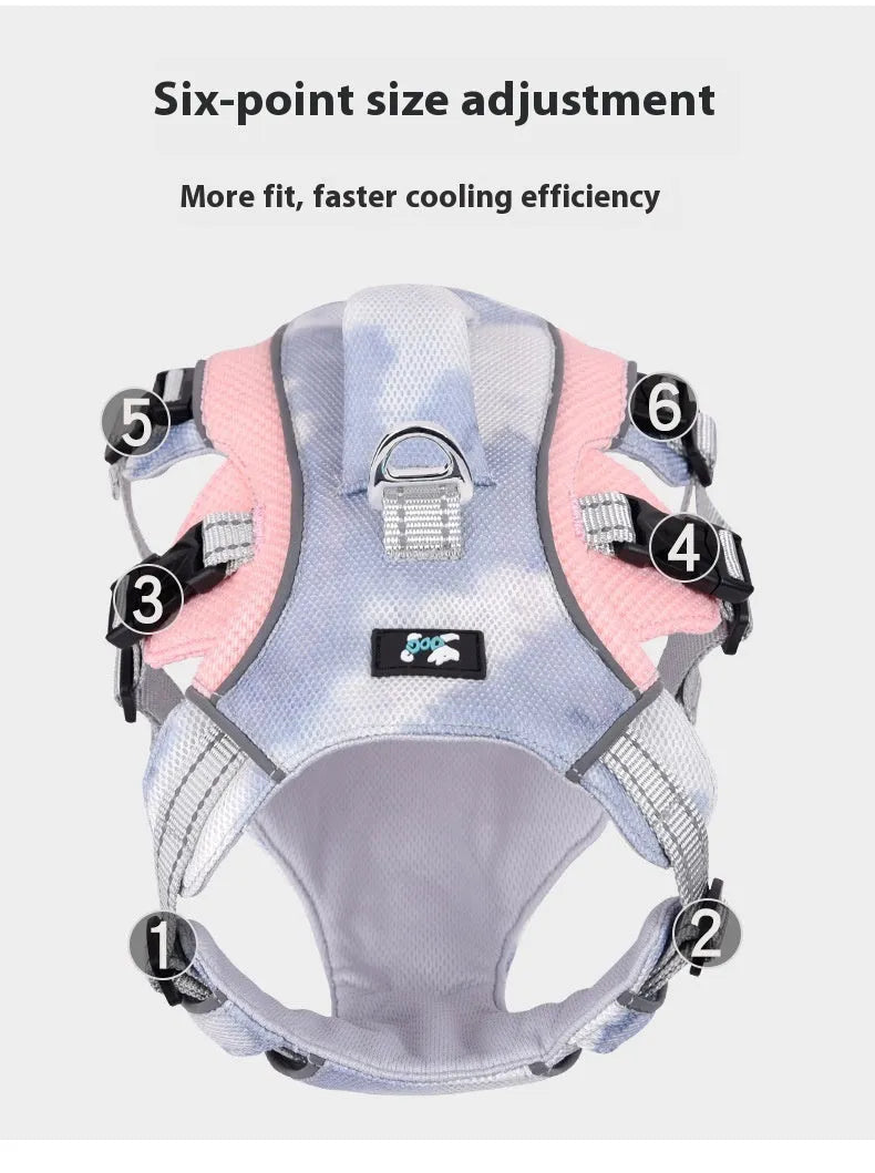 Reflective pet cooling vest chest strap in light blue, pink, dark blue, and orange colour options.