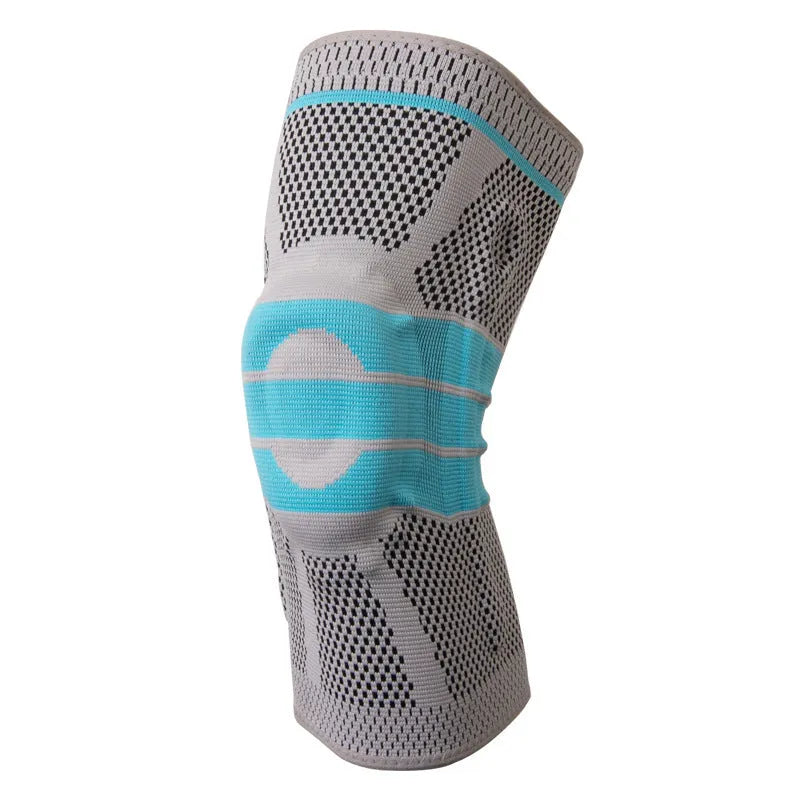 Sky blue silicone running and basketball knee pads made from elastic fibre.