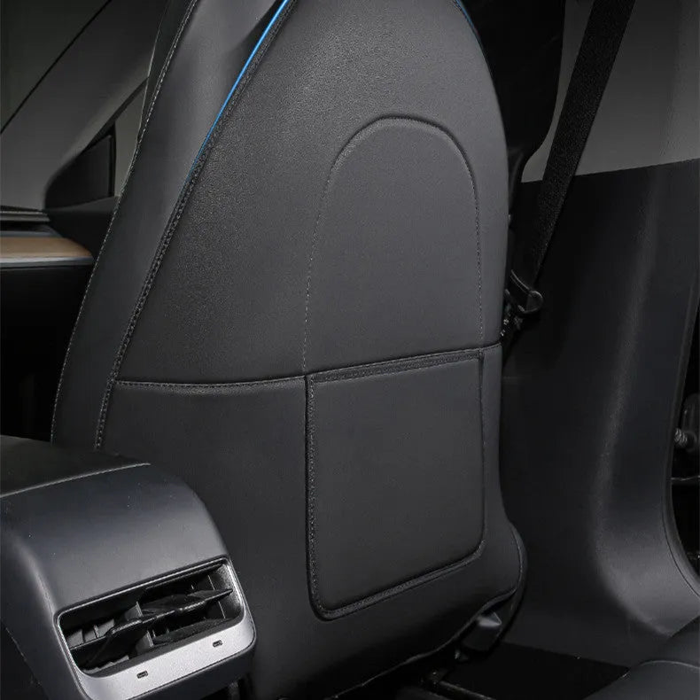 Black leather anti kick pad for car seat back protection, showing single pocket.