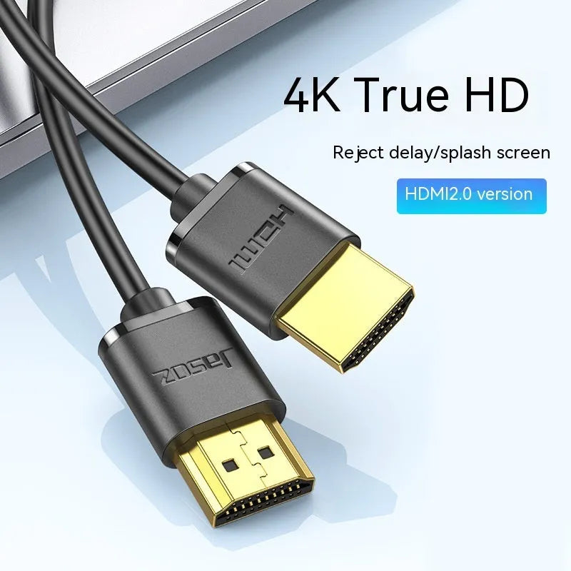 Gold-plated HDMI cable with thin, flexible black wire shown at various lengths.