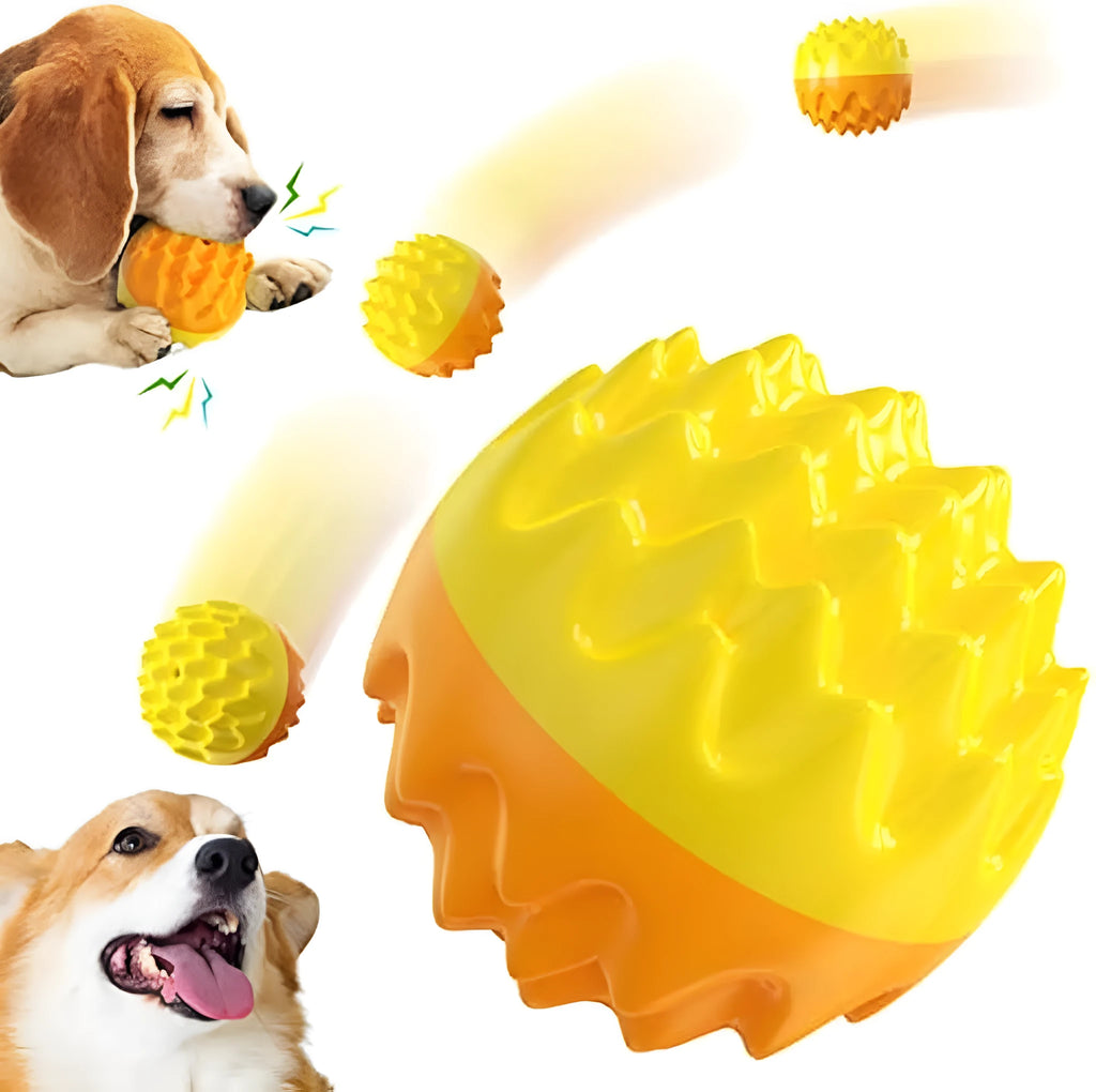 Blue rubber dog ball with spiky texture for dental cleaning and squeaker inside