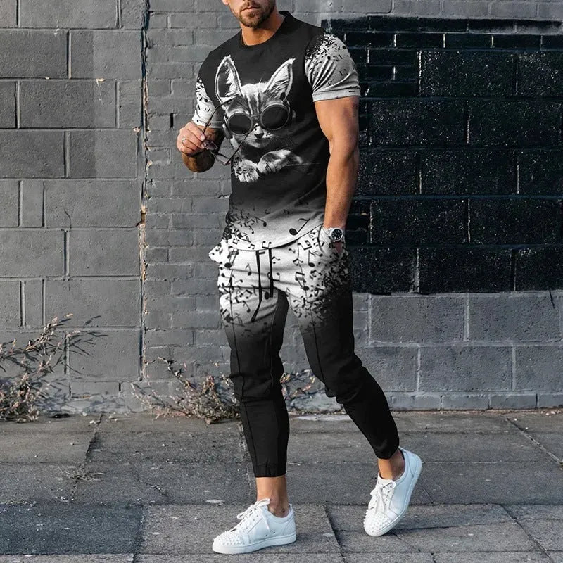 Men's short sleeve printed top and trouser sport suit set in polyester blend fabric.