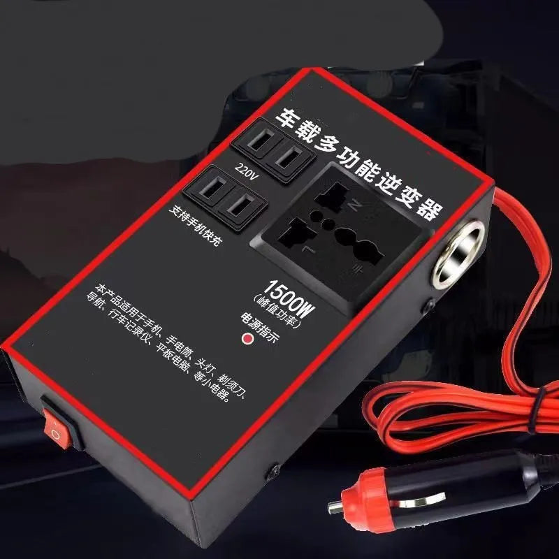 Black automotive power converter converting 12V/24V vehicle power to 220V AC with 4 USB charging ports