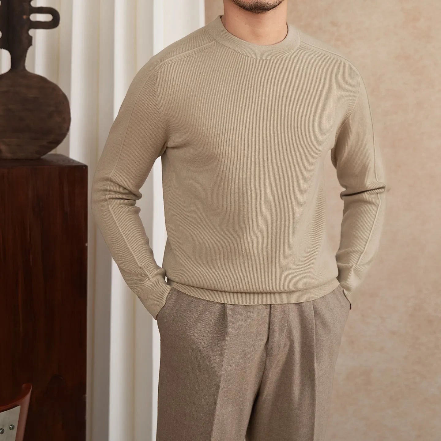 Men's slim-fit retro casual knitted bottoming shirt in camel colour, soft fabric blend available in multiple sizes