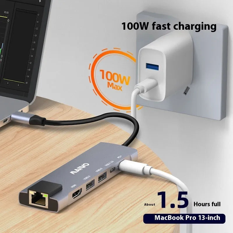 Steam Deck six-in-one aluminium docking station with HDMI, Ethernet, USB ports and a 15cm Type-C cable.
