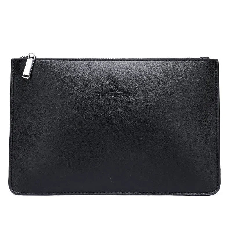 Men's black checkered pattern PU leather clutch showing card slots and handheld design.